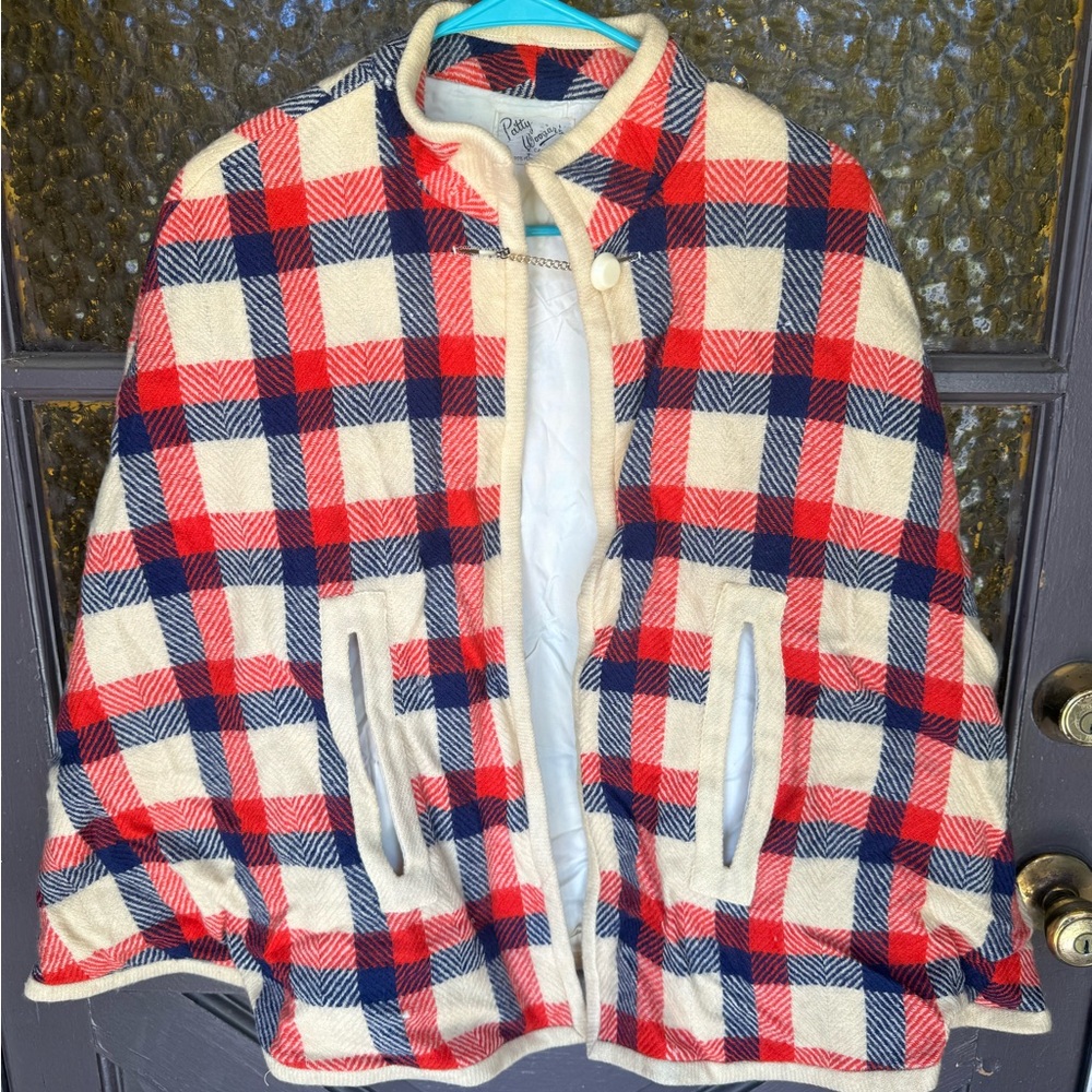 Vintage 1970s Plaid Kids poncho  - Red, Blue, cream/off white